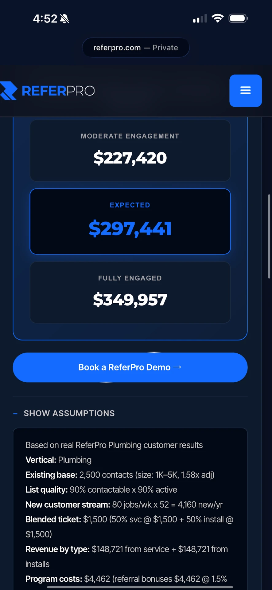 ReferPro website revenue calculator predicting $297,441 in expected referral revenue